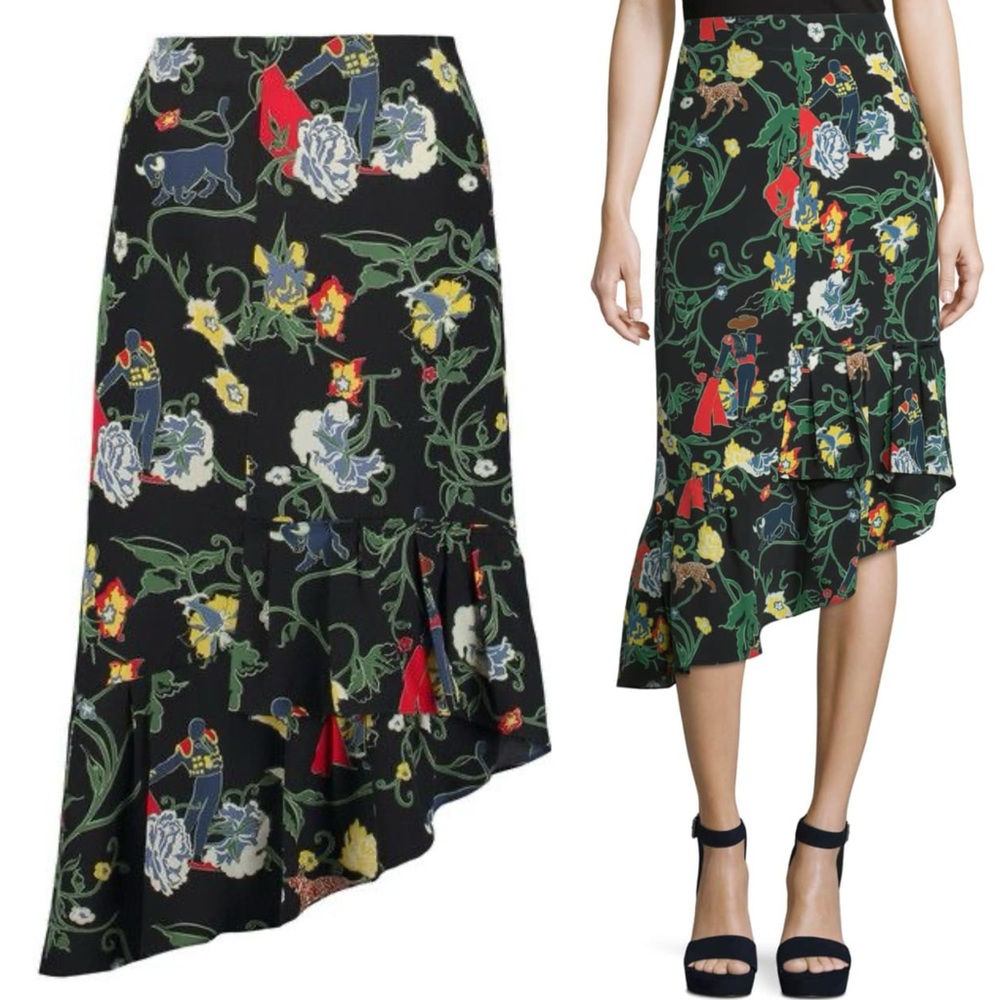 TIBI Seville Bullfighting Silk Asymmetric Ruffle Midi Skirt Size 00